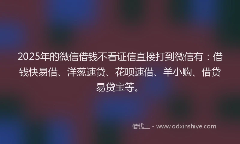 2025年的微信借钱不看证信直接打到微信有：借钱快易借、洋葱速贷、花呗速借、羊小购、借贷易贷宝等。