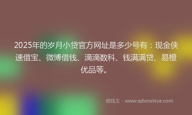 2025年的岁月小贷官方网址是多少号有：现金侠速借宝、微博借钱、滴滴数科、钱满满贷、易橙优品等。
