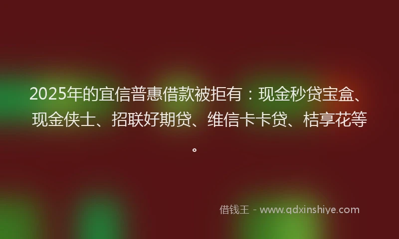 2025年的宜信普惠借款被拒有：现金秒贷宝盒、现金侠士、招联好期贷、维信卡卡贷、桔享花等。