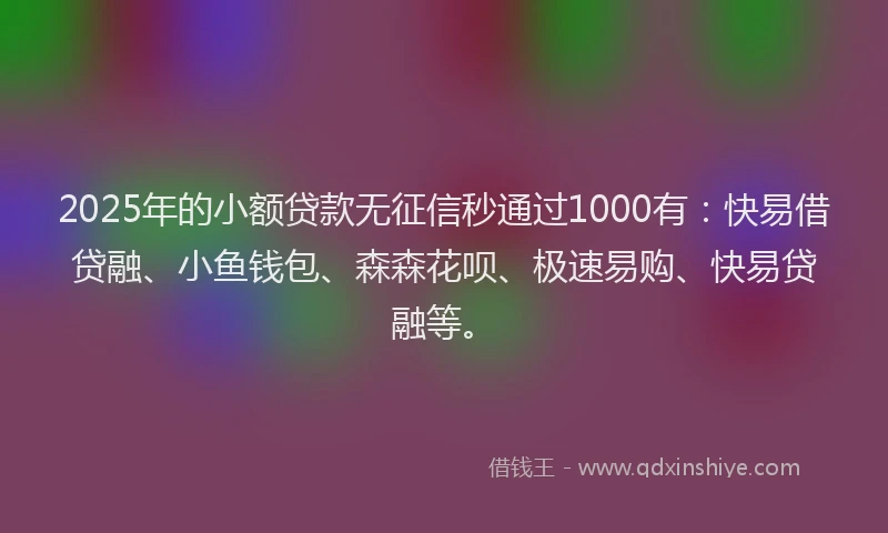 2025年的小额贷款无征信秒通过1000有：快易借贷融、小鱼钱包、森森花呗、极速易购、快易贷融等。