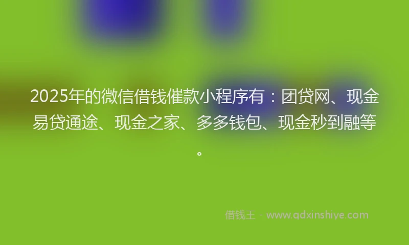 2025年的微信借钱催款小程序有：团贷网、现金易贷通途、现金之家、多多钱包、现金秒到融等。