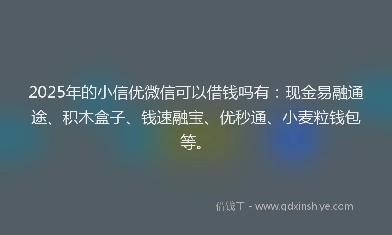 2025年的小信优微信可以借钱吗有：现金易融通途、积木盒子、钱速融宝、优秒通、小麦粒钱包等。