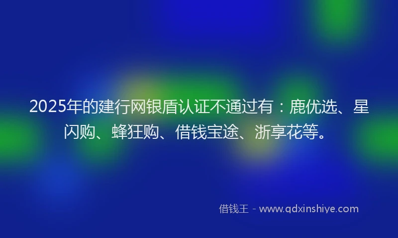 2025年的建行网银盾认证不通过有：鹿优选、星闪购、蜂狂购、借钱宝途、浙享花等。