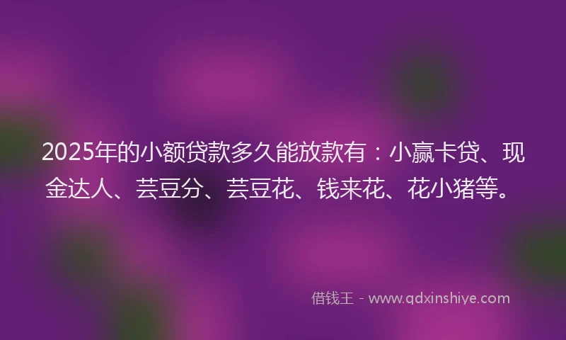 2025年的小额贷款多久能放款有：小赢卡贷、现金达人、芸豆分、芸豆花、钱来花、花小猪等。