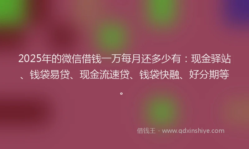 2025年的微信借钱一万每月还多少有：现金驿站、钱袋易贷、现金流速贷、钱袋快融、好分期等。