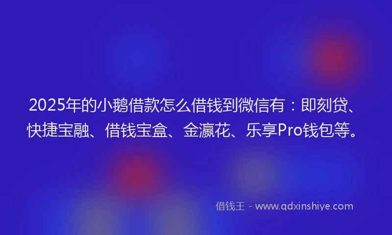2025年的小鹅借款怎么借钱到微信有：即刻贷、快捷宝融、借钱宝盒、金瀛花、乐享Pro钱包等。