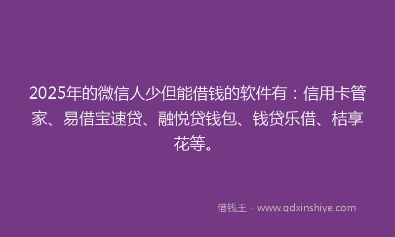 2025年的微信人少但能借钱的软件有：信用卡管家、易借宝速贷、融悦贷钱包、钱贷乐借、桔享花等。