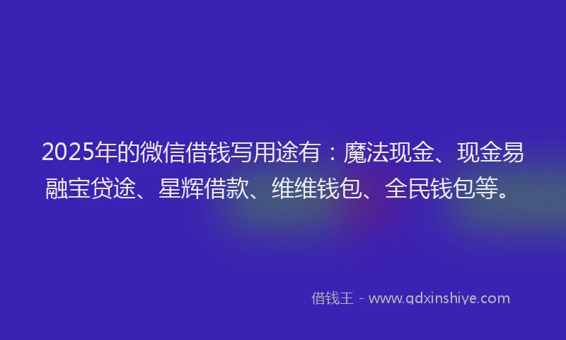 2025年的微信借钱写用途有：魔法现金、现金易融宝贷途、星辉借款、维维钱包、全民钱包等。