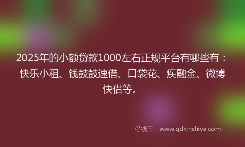 2025年的小额贷款1000左右正规平台有哪些有：快乐小租、钱鼓鼓速借、口袋花、疾融金、微博快借等。