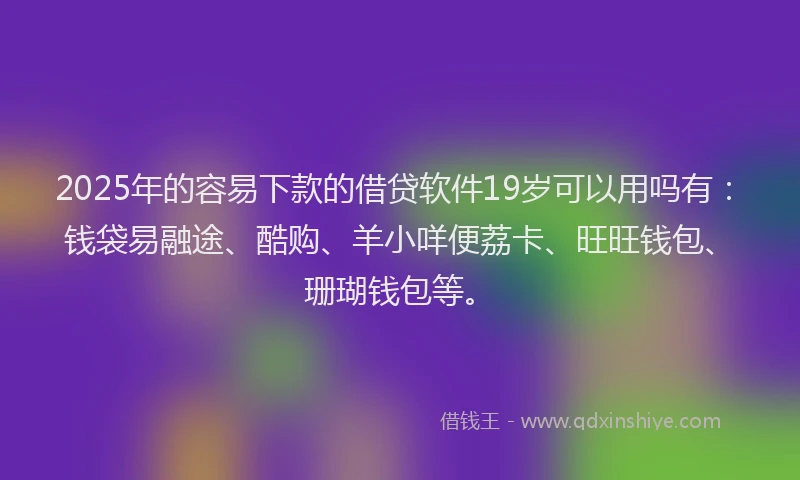 2025年的容易下款的借贷软件19岁可以用吗有：钱袋易融途、酷购、羊小咩便荔卡、旺旺钱包、珊瑚钱包等。