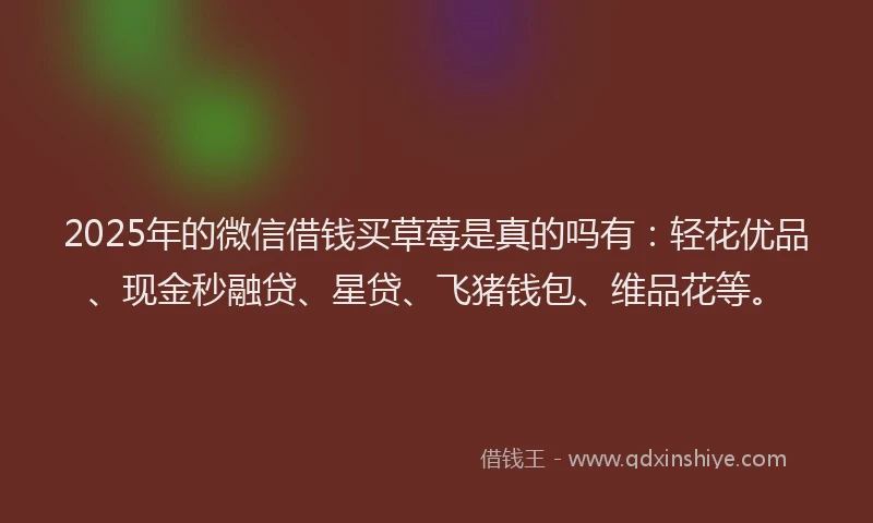 2025年的微信借钱买草莓是真的吗有：轻花优品、现金秒融贷、星贷、飞猪钱包、维品花等。