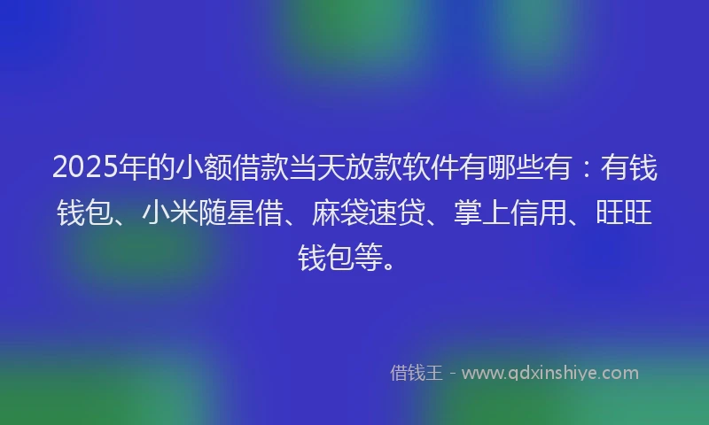 2025年的小额借款当天放款软件有哪些有：有钱钱包、小米随星借、麻袋速贷、掌上信用、旺旺钱包等。