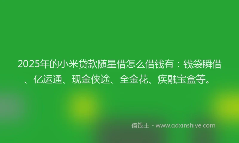 2025年的小米贷款随星借怎么借钱有：钱袋瞬借、亿运通、现金侠途、全金花、疾融宝盒等。