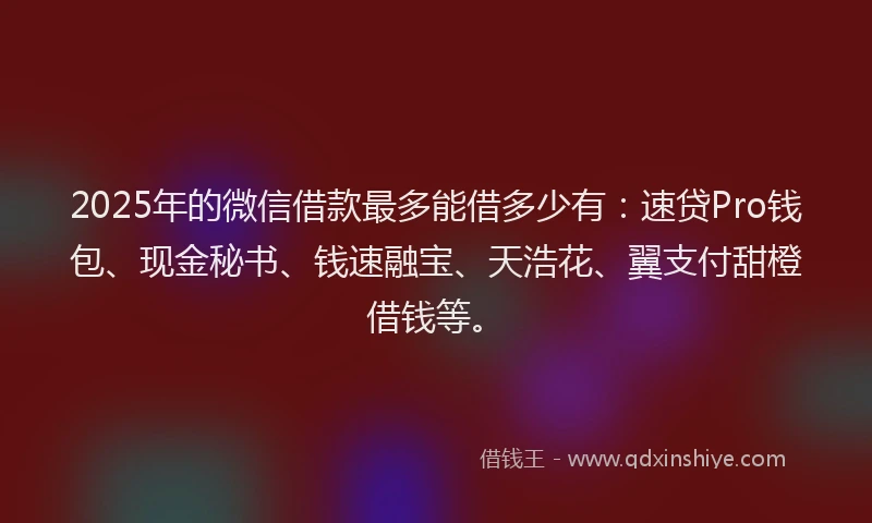 2025年的微信借款最多能借多少有：速贷Pro钱包、现金秘书、钱速融宝、天浩花、翼支付甜橙借钱等。