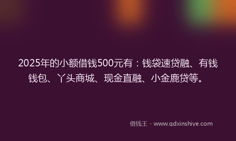 2025年的小额借钱500元有：钱袋速贷融、有钱钱包、丫头商城、现金直融、小金鹿贷等。