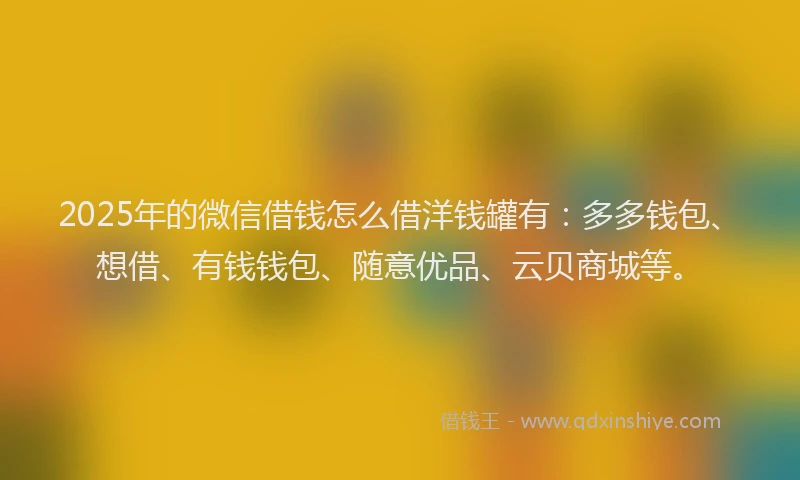 2025年的微信借钱怎么借洋钱罐有：多多钱包、想借、有钱钱包、随意优品、云贝商城等。