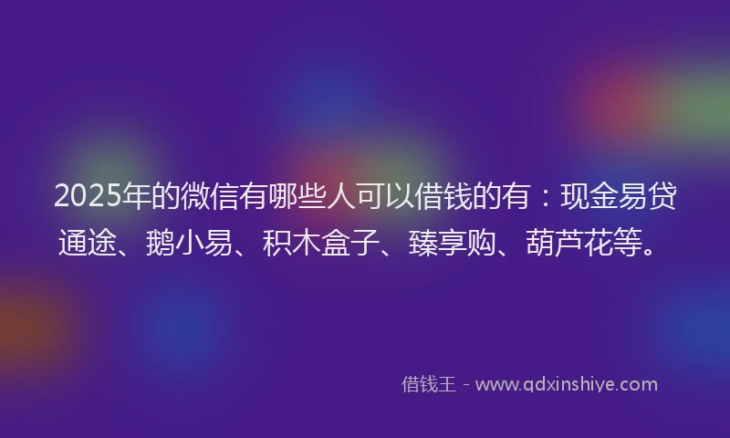 2025年的微信有哪些人可以借钱的有：现金易贷通途、鹅小易、积木盒子、臻享购、葫芦花等。