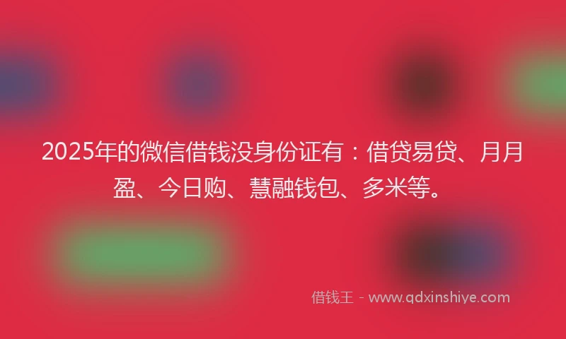 2025年的微信借钱没身份证有：借贷易贷、月月盈、今日购、慧融钱包、多米等。