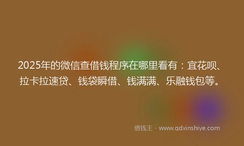 2025年的微信查借钱程序在哪里看有：宜花呗、拉卡拉速贷、钱袋瞬借、钱满满、乐融钱包等。