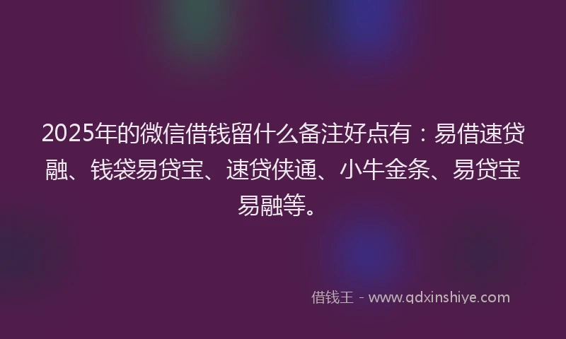 2025年的微信借钱留什么备注好点有：易借速贷融、钱袋易贷宝、速贷侠通、小牛金条、易贷宝易融等。