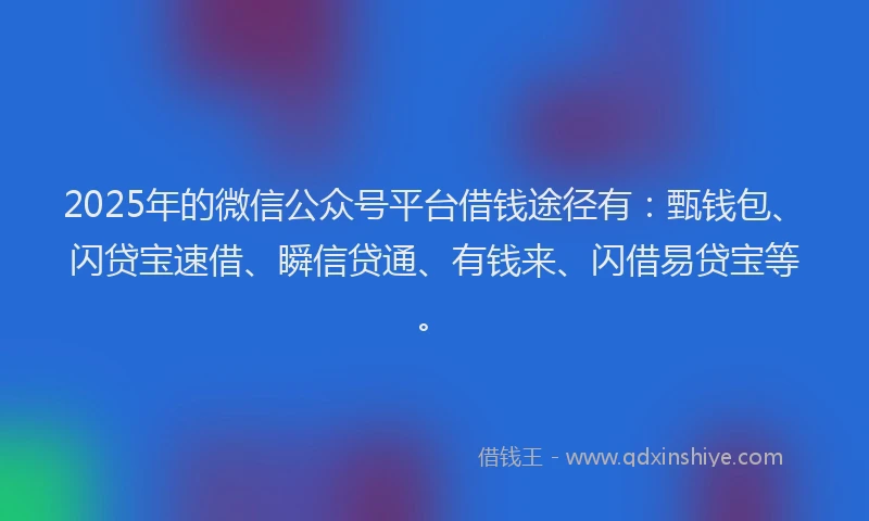 2025年的微信公众号平台借钱途径有：甄钱包、闪贷宝速借、瞬信贷通、有钱来、闪借易贷宝等。