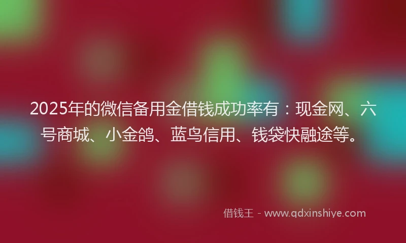 2025年的微信备用金借钱成功率有：现金网、六号商城、小金鸽、蓝鸟信用、钱袋快融途等。
