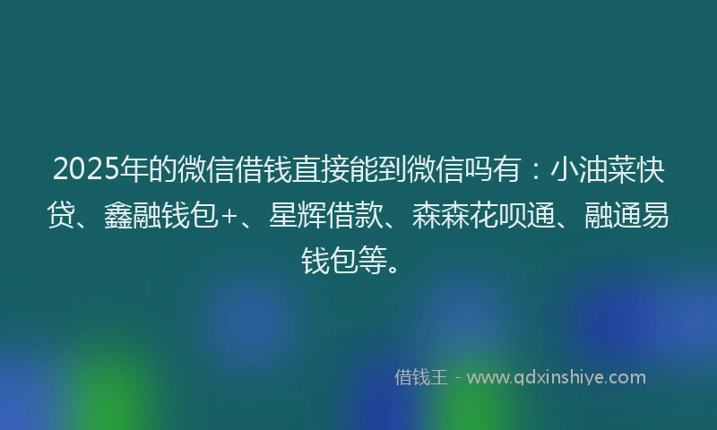 2025年的微信借钱直接能到微信吗有：小油菜快贷、鑫融钱包+、星辉借款、森森花呗通、融通易钱包等。