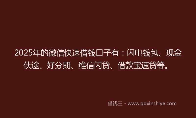 2025年的微信快速借钱口子有：闪电钱包、现金侠途、好分期、维信闪贷、借款宝速贷等。
