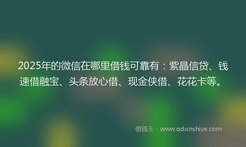 2025年的微信在哪里借钱可靠有：紫晶信贷、钱速借融宝、头条放心借、现金侠借、花花卡等。