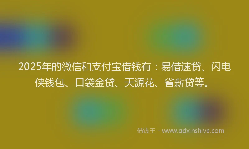 2025年的微信和支付宝借钱有：易借速贷、闪电侠钱包、口袋金贷、天源花、省薪贷等。