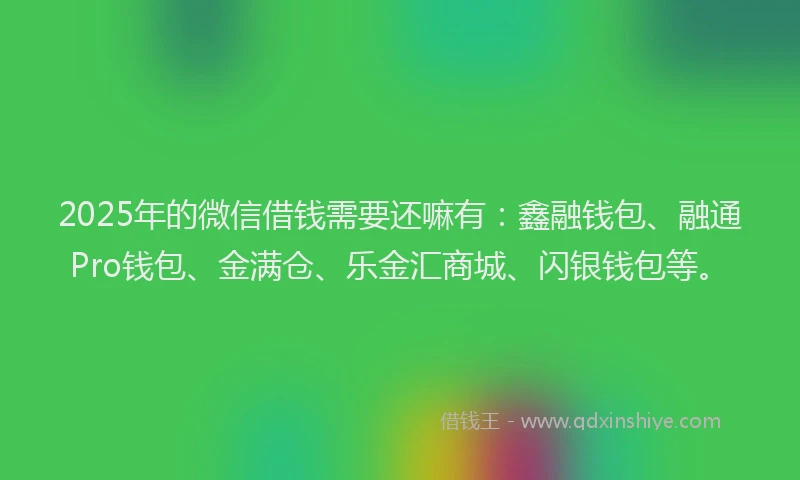 2025年的微信借钱需要还嘛有:鑫融钱包、融通Pro钱包、金满仓、乐金汇商城、闪银钱包等。