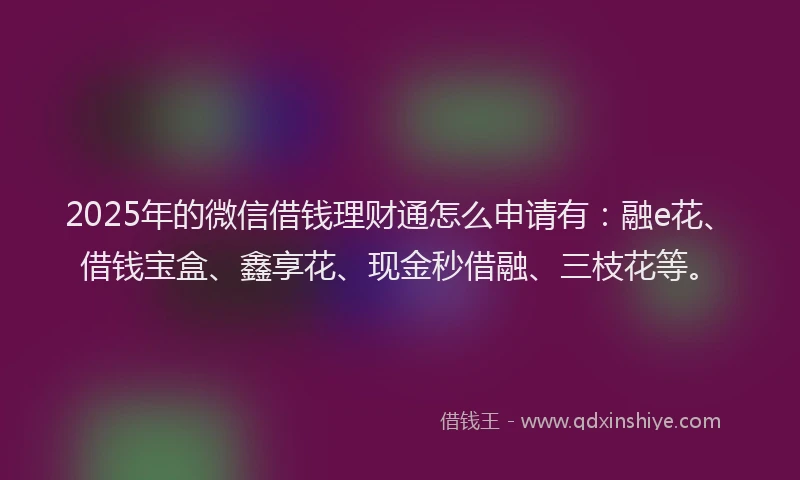2025年的微信借钱理财通怎么申请有：融e花、借钱宝盒、鑫享花、现金秒借融、三枝花等。