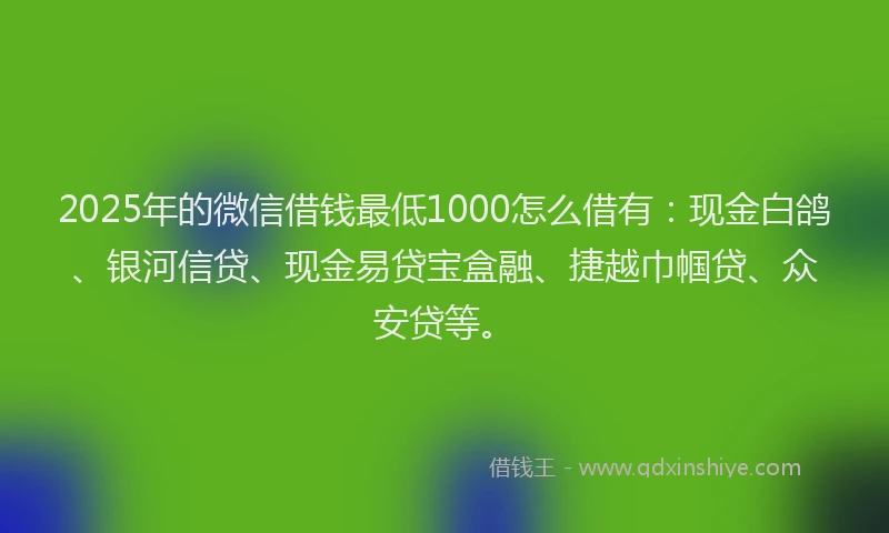 2025年的微信借钱最低1000怎么借有：现金白鸽、银河信贷、现金易贷宝盒融、捷越巾帼贷、众安贷等。