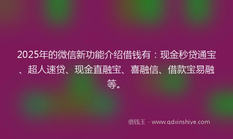 2025年的微信新功能介绍借钱有：现金秒贷通宝、超人速贷、现金直融宝、喜融信、借款宝易融等。