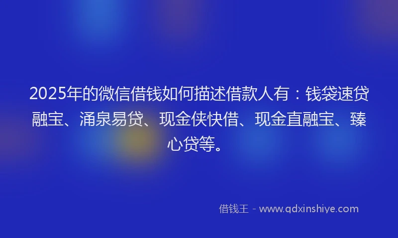 2025年的微信借钱如何描述借款人有：钱袋速贷融宝、涌泉易贷、现金侠快借、现金直融宝、臻心贷等。