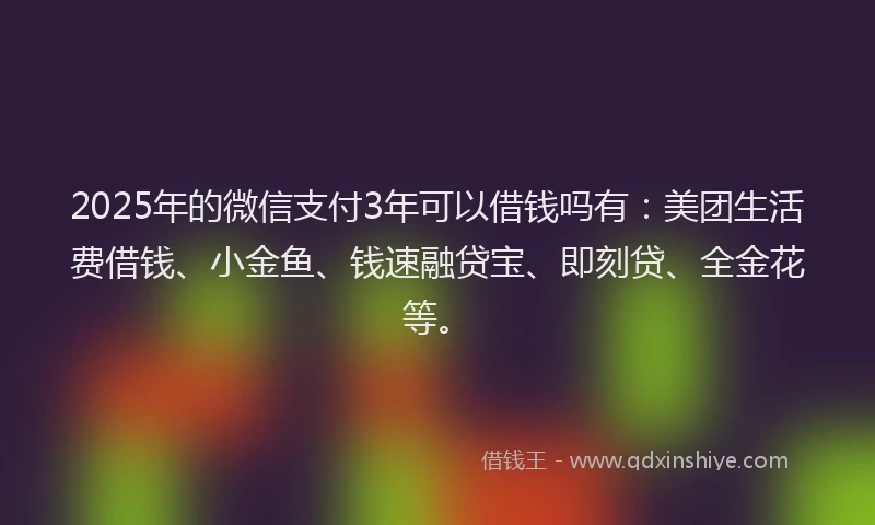 2025年的微信支付3年可以借钱吗有：美团生活费借钱、小金鱼、钱速融贷宝、即刻贷、全金花等。