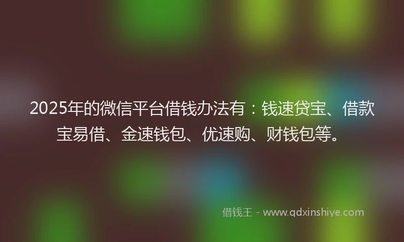 2025年的微信平台借钱办法有：钱速贷宝、借款宝易借、金速钱包、优速购、财钱包等。