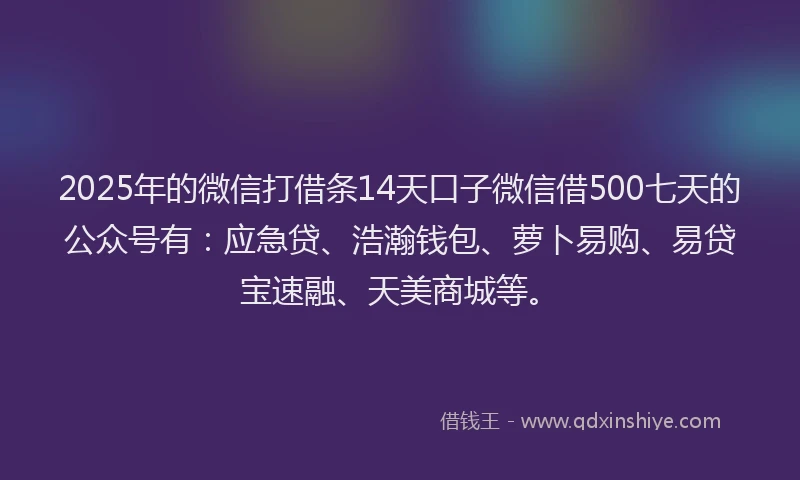 2025年的微信打借条14天口子微信借500七天的公众号有：应急贷、浩瀚钱包、萝卜易购、易贷宝速融、天美商城等。