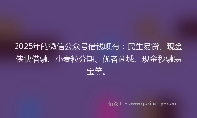 2025年的微信公众号借钱呗有：民生易贷、现金侠快借融、小麦粒分期、优者商城、现金秒融易宝等。