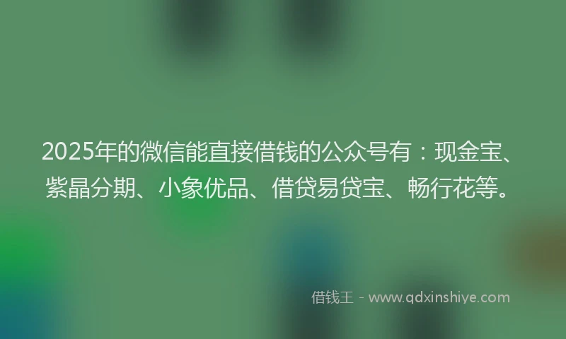 2025年的微信能直接借钱的公众号有：现金宝、紫晶分期、小象优品、借贷易贷宝、畅行花等。