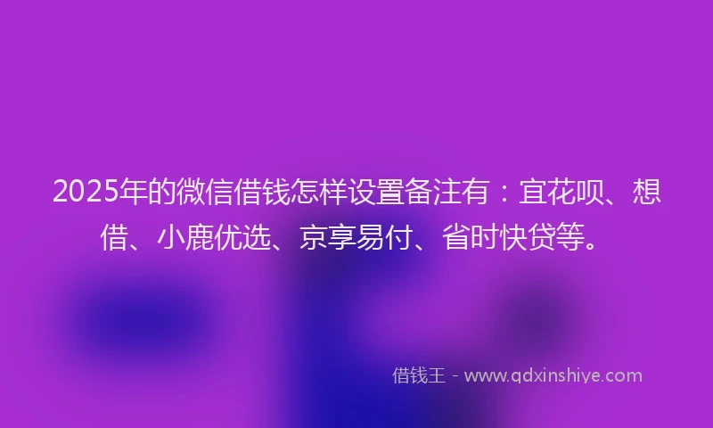 2025年的微信借钱怎样设置备注有：宜花呗、想借、小鹿优选、京享易付、省时快贷等。