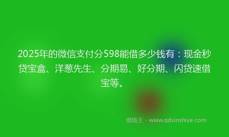 2025年的微信支付分598能借多少钱有：现金秒贷宝盒、洋葱先生、分期易、好分期、闪贷速借宝等。