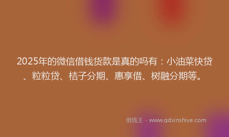 2025年的微信借钱货款是真的吗有：小油菜快贷、粒粒贷、桔子分期、惠享借、树融分期等。