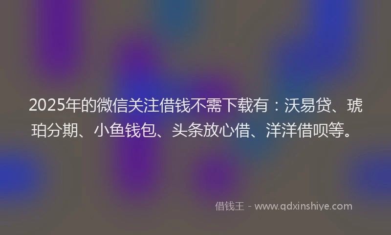 2025年的微信关注借钱不需下载有：沃易贷、琥珀分期、小鱼钱包、头条放心借、洋洋借呗等。