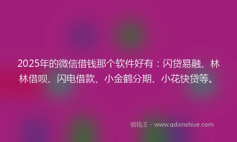 2025年的微信借钱那个软件好有：闪贷易融、林林借呗、闪电借款、小金鹤分期、小花快贷等。