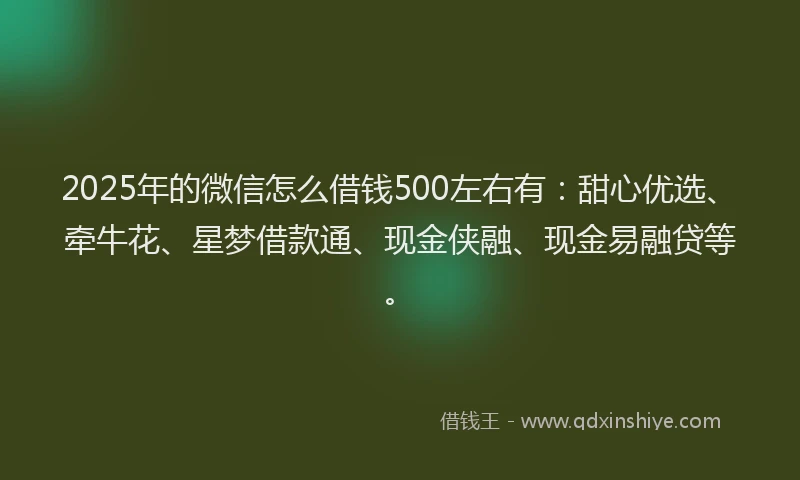 2025年的微信怎么借钱500左右有：甜心优选、牵牛花、星梦借款通、现金侠融、现金易融贷等。