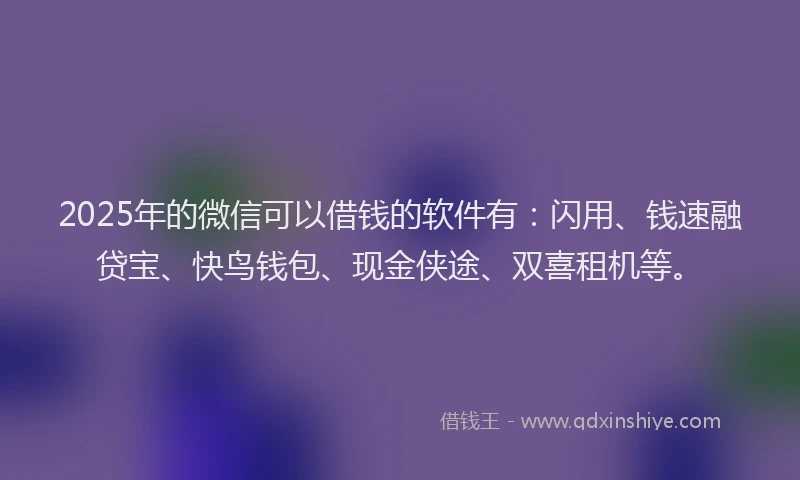 2025年的微信可以借钱的软件有：闪用、钱速融贷宝、快鸟钱包、现金侠途、双喜租机等。