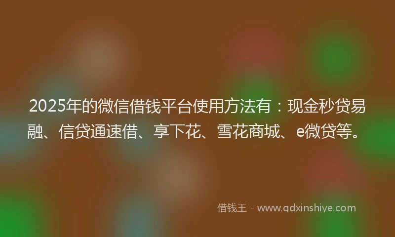 2025年的微信借钱平台使用方法有：现金秒贷易融、信贷通速借、享下花、雪花商城、e微贷等。