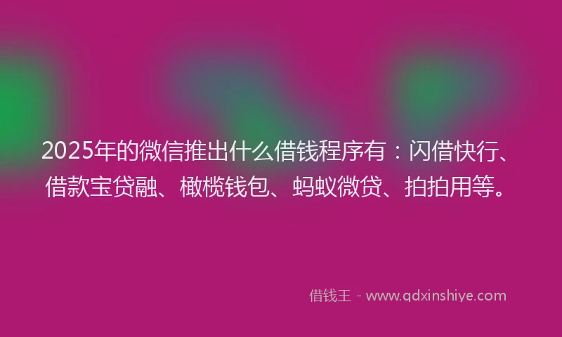 2025年的微信推出什么借钱程序有：闪借快行、借款宝贷融、橄榄钱包、蚂蚁微贷、拍拍用等。