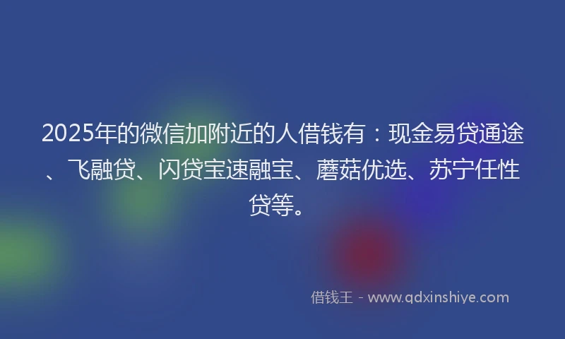 2025年的微信加附近的人借钱有：现金易贷通途、飞融贷、闪贷宝速融宝、蘑菇优选、苏宁任性贷等。